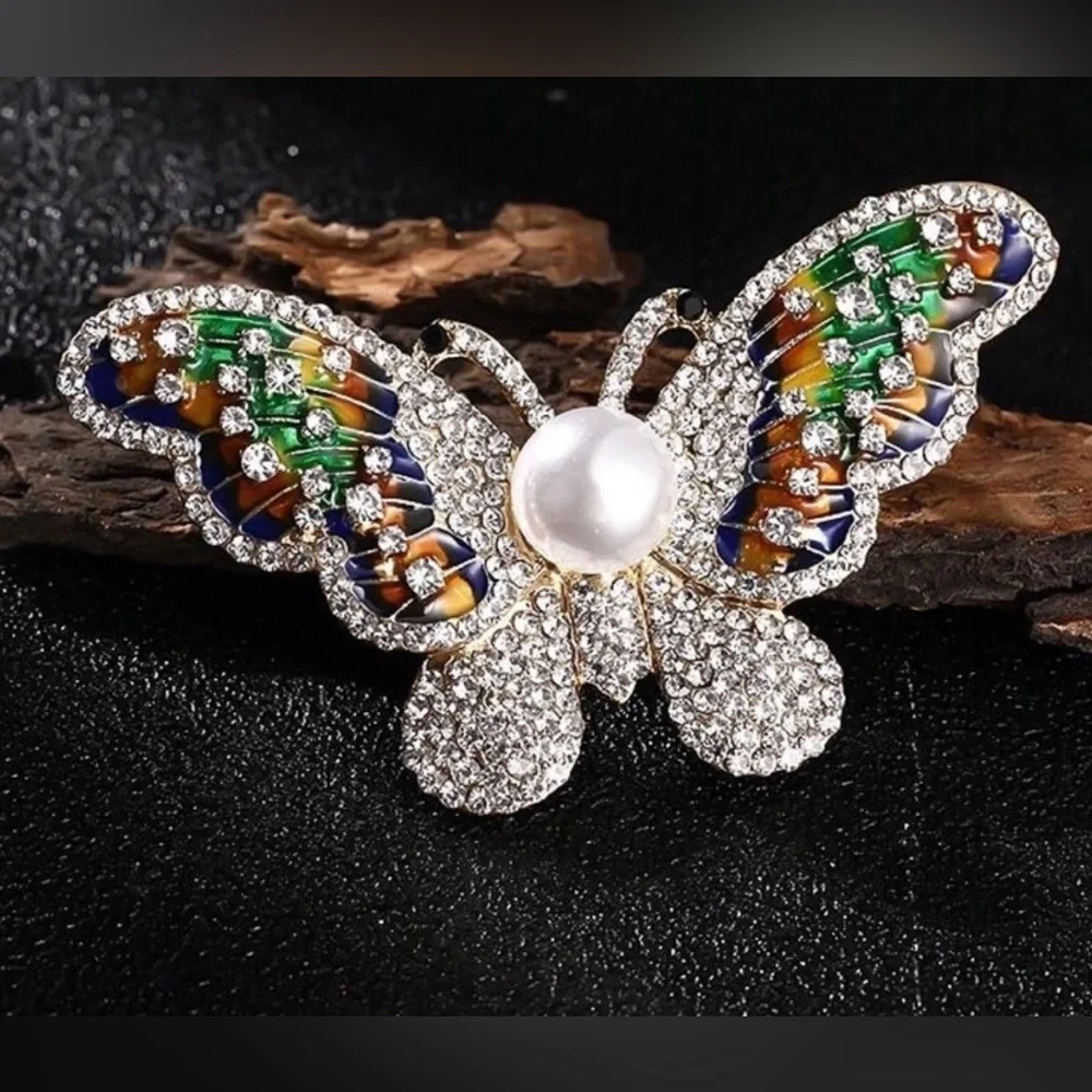 Elegant Multicolor Crystal Butterfly Brooch with Pearl Accent